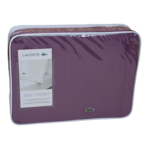 Lacoste Queen Percale Solid Sheet Set Plum 100% Cotton Light Weight Elegant - Picture 1 of 8